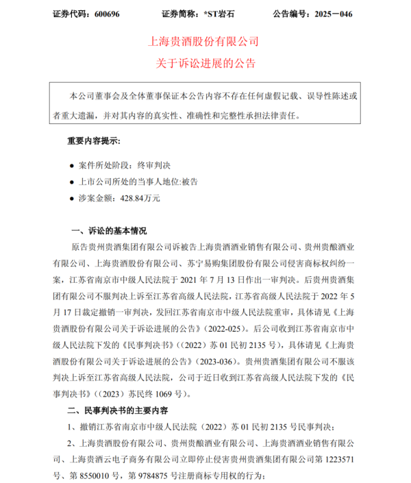智策管家 终审败诉！上海贵酒被判停止使用“贵酒”名称、判赔419万
